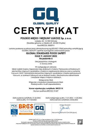 Certyfikat — Ubojnia Drobiu w Ostródzie